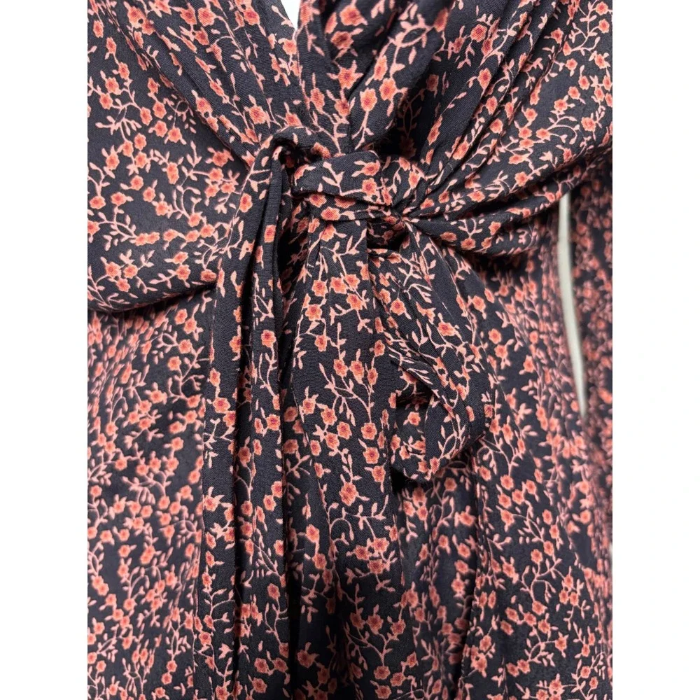 FREE PEOPLE Womens Black Floral Tie Front Mini Dress Sz S Boho Romantic Girly